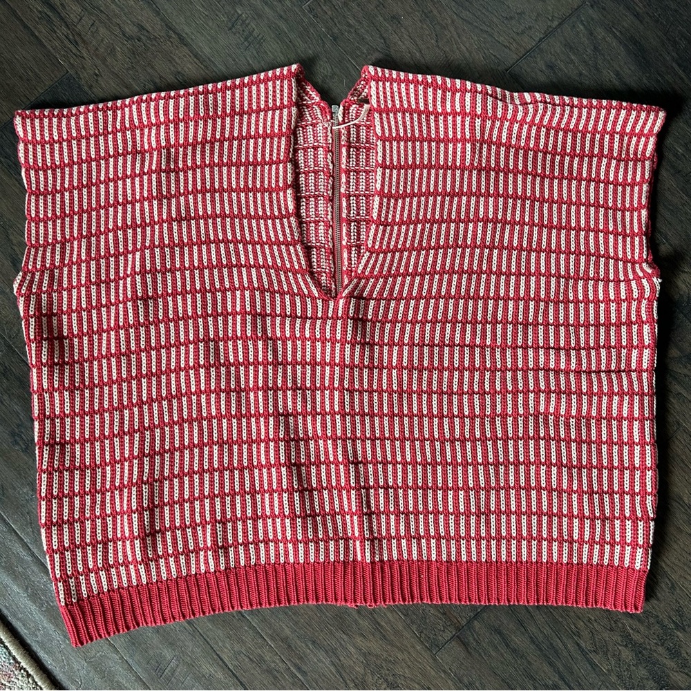 Free People Red Ivory Knit Sweater Poncho Short Sleeve Size M